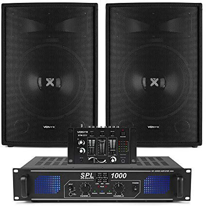 Vonyx SL15 Passive PA System Kit - 2x 15-Inch 800W Speakers, SPL1000 Amplifier, 4-Channel DJ Mixer & Audio Cable Set for DJ, Karaoke, Disco & Home Events