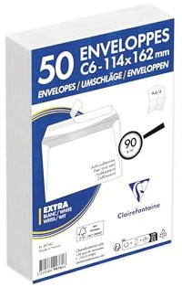 Clairefontaine 9976C – förpackning med 50 kuvert vit C6-114 x 162 mm, konfidentiell, självhäftande, 90 g, 1-pack