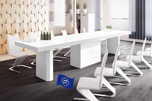 designimpex Design Esstisch HE-444 Weiß Hochglanz ausziehbar XXL 160 cm bis 412 cm Esszimmertisch für 16 Personen Kitchentable Funktionstisch Ausziehtisch Esszimmer Tisch Esszimmermöbel