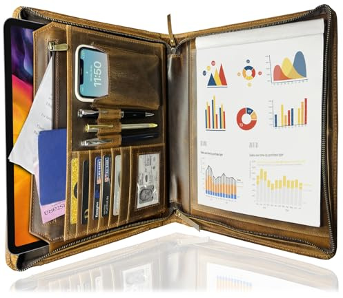 Schreibmappe A4 Leder Herren - Konferenzmappe mit Reißverschluss Business | Passend für 12,9 Zoll iPad/Tablet, Fächer für Dokumente, Karten, Stifte & Ausweis, Arbeitsmappe, Professionelles Geschenk