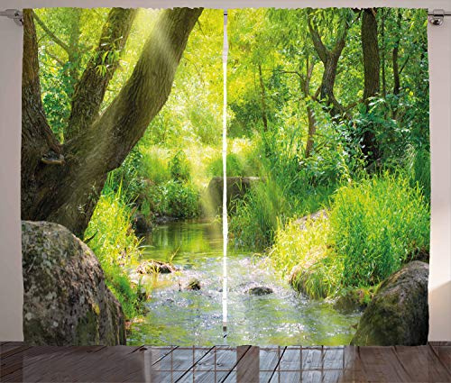 ABAKUHAUS Wald Rustikaler Gardine, Stream Cascade Tropical, Schlafzimmer Kräuselband Vorhang mit Schlaufen und Haken, 280 x 225 cm, Lindgrün