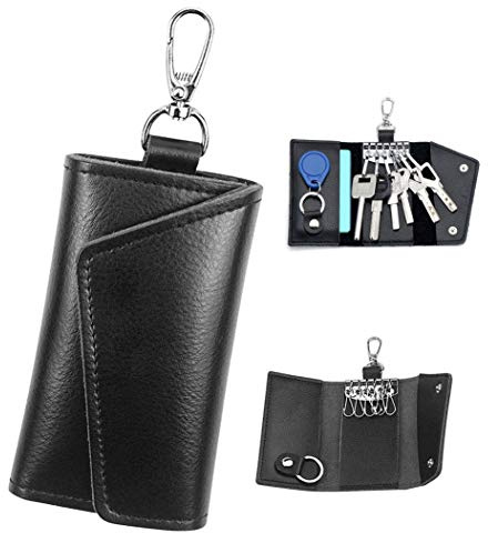 XLKJ Estuche para Llaves de Coche y Moto, Llavero de Cuero Genuino con 6 Ganchos Negros, para Unisexo Hombre y Mujer