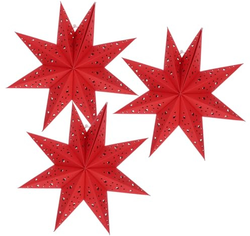 Minkissy 3 x rote Papierstern-Laterne mit 3D-Papierstern und Pentagramm-Lampenschirm, faltbar, für Weihnachten, Hochzeit, Party, Zuhause, hängende Dekorationen, 35 cm