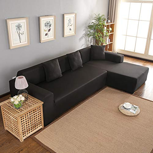 Wakects Sofaüberwurf mit Halbinsel Links/rechts, sofabezug Polyester 3 + 2 Sitzer L-förmiges Ecksofa mit elastische (schwarz)