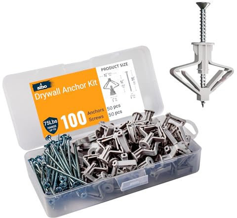 ALBO Drywall Anchor Kit Hollow Wall with Screws 100 pcs. (Grey Anchor 50pcs + Screws 50pcs) Plastic Hollow Wall Drilling Anchors