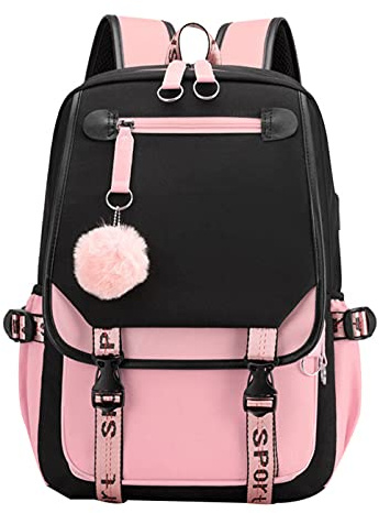 SellerFun Teenage girls' Backpack Middle School Students Bookbag Outdoor Daypack With USB charge Port (4# Black Pink, 21 Liters)