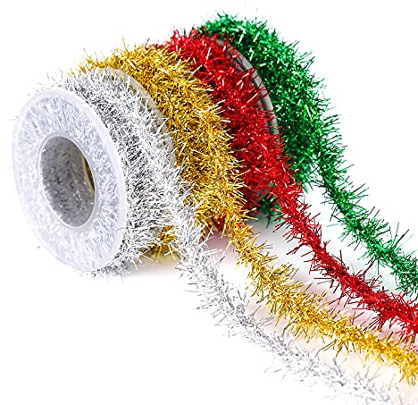 Christmas Tinsel Ribbon,4 Colors Xmas Glittering Tinsel Wire Hanging Garland,3m Thin Tinsel Ribbon Christmas Tree Decoration for Wedding Birthday Present Gift Wrapping