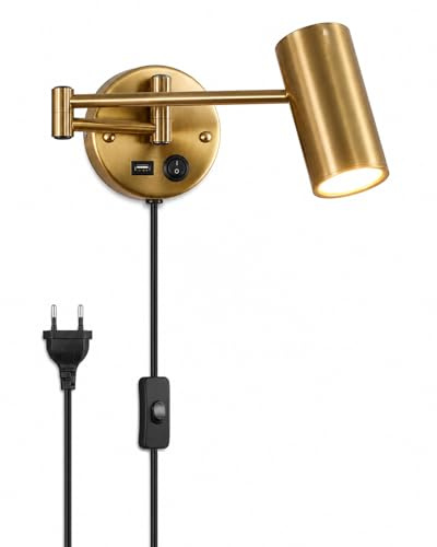 WRMING Wandleuchte mit Stecker und Schalter, Leselampe Wand Gold mit USB Ladeport, Schwenkarm Wandlampe E27 mit 150cm Kabel, 3000K Warmweiß Nachttischlampe für Schlafzimmer Wohnzimmer