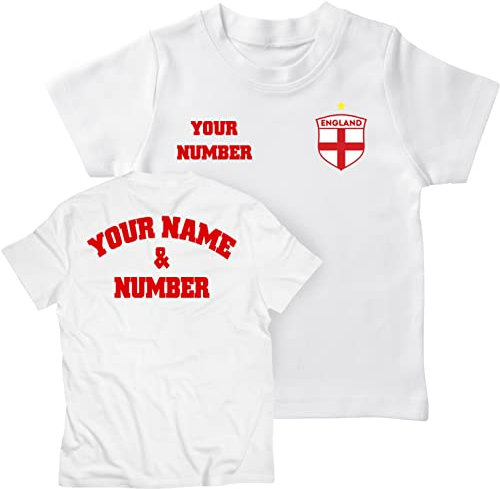 lepni.me T-Shirt für Kinder Personalisiertes England Fußballtrikot mit Ihrem Namen und Nummer Flaggenabzeichen, Weltmeisterschaft 2022 Europäische Fußballmeisterschaft (3-4 Jahre Weiß Mehrfarben)