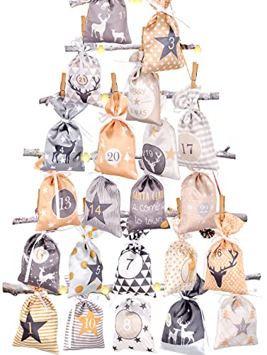 Adventskalender zum Befüllen Groß (12x21cm), 24 Stoffbeutel Kette zum selber Basteln und Aufhängen 2025 Weihnachtskalender zum selberfüllen mit Gelb Grau Stoff Säckchen für Kinder junge männer Mädchen