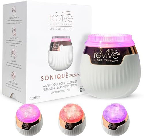 reVive Light Therapy Lux Collection Soniqué Mini, Rechargeable Sonic Face Cleanser Brush with Medical-Grade Blue & Red Light Therapy for Face, Acne & Wrinkle Care, Water-Resistant