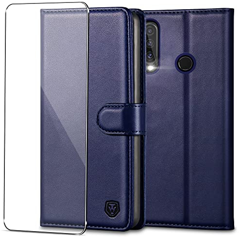 Kuafcase Handyhülle für Huawei P30 Lite Hülle mit Panzer Glas | Premium PU Leder Hülle, Kartenfächern, Standfunktion, Klapp-Geldbörse, RFID Schutzhülle, Stoßfest, Navy Blau