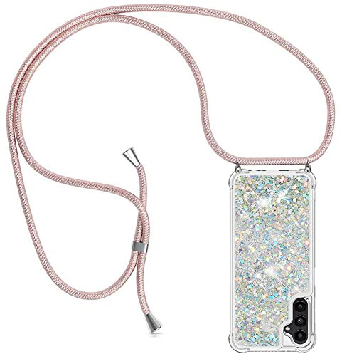 YuhooTech Handykette Hülle Kompatibel mit Samsung Galaxy A14 5G Handyhülle - Quicksand Glitzer Hülle mit Band - Silikon Handyhülle mit Kordel Umhängenband - Schnur mit Treibsand Case zum Umhängen