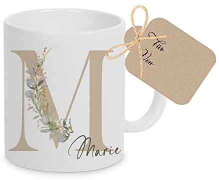 Manufaktur Liebevoll | Tasse mit Buchstaben Tasse mit initialen Tasse Buchstaben Tasse Namen Becher mit Namen Eukalyptus Geschenk für Frauen Kaffeetasse Keramik Monogramm