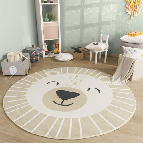TT Home Alfombra Habitación Infantil De Juego Bebe Lavable Leon Motivo Animal, Color:Beige Marron, Tamaño:120 cm Redondo
