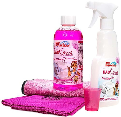 Pastaclean® Badfresh - Bad Reiniger Set - Für glänzende Oberflächen im ganzen Bad, Mit Frischeduft, 1x Badreiniger 500 ml, 2x Poliertücher, 1x Flauschi Reinigungstuch