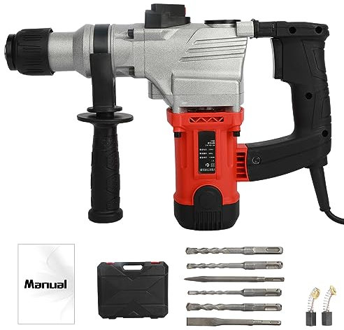 3 in 1 Hammer Drill Corded with Case and Bits Set, 1050W Heavy Duty Power Drill Hand Held Rotary Handle Multi Purpose Electric Drill Impact Drill for Concrete, Brick Walls, Tile Removal UK