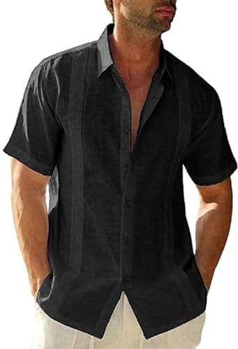 Friptspyg Hombre Camisa de Lino para Manga Corta Estilo Casual y Ajuste Regular Fit Cubana Camp Guayabera Camisa de Verano, Negro M