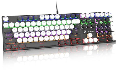 LexonElec Wird Mechanical Gaming Keyboard，Full Size 108 Keys Anti-ghosting Punk USB Keyboard with Typewriter Round Keycap, Retro Black/White Color, Red Switch,18 RGB Rainbow Lighting for PC Gamer