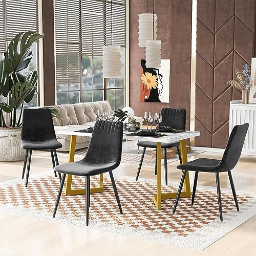 KUAKE Esstisch und Stuhl Set, Gold Bein Esstisch gepaart mit 4 Samt Esszimmerstühlen, moderner Esstisch und Stuhl Set, Marmor MDF Esstisch gepaart mit eleganten Stühlen (Schwarzen)