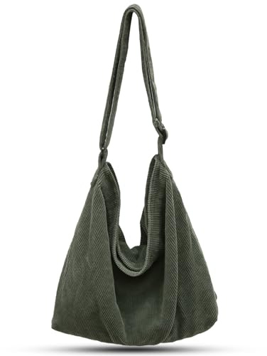 ONCCI Umhängetasche Damen Handtasche, Cord Taschen Groß Shopper Tote Bag Schultertasche Casual Crossbody Bag für Schule Uni Büro Arbeit Reisen Ausflug Einkauf (Grün)