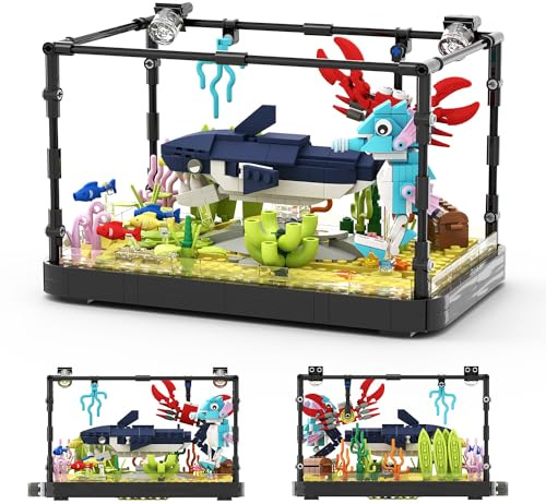 Tarcury Giocattolo creativo per la costruzione di acquari - 648 pezzi, modello di acquario con squali e pesci, cavallucci marini, granchi, coralli, piante acquatiche, scrigno del tesoro