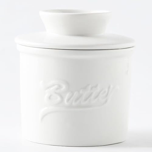 Duscdesp Butterdose Porzellan, Runde Butterbehälter Keramik mit Wasserkühlung, Französische Butterdose mit Deckel, Butterglocke Butterdosen für Frische und Streichfähige Butter (Weiß)