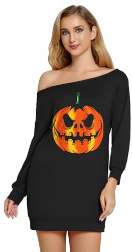 Glimnerize Halloween Damen Spinnen Druck Shirt Schulterfrei 3/4 Arm Langarmshirt Oberteil Schulterfreies Schwarz Kürbis XXL