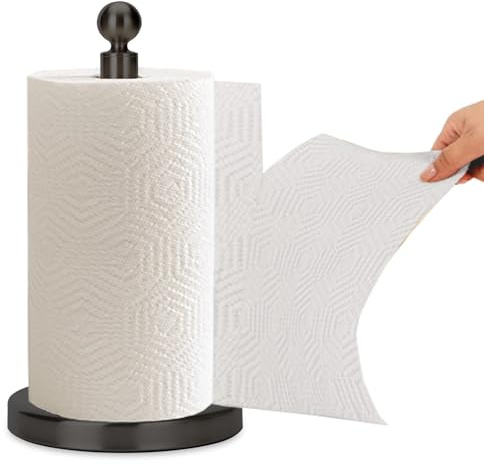 Kalitro Paper Towel Holder Countertop, Standing Paper Towel Roll Holder for Kitchen Bathroom, with Weighted Base for One-Handed Operation, No Wobbly (Stainless Steel Base, Black)