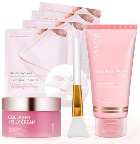 Cuidado Facial Mujer, Colageno Skincare Kit incluir Mascarilla Facial Colageno, Collagen Jelly Cream, Collagen Night Mask, Reafirmante y Lifting, Hidratación Intensa, Mejora la Elasticidad (6 Piezas)