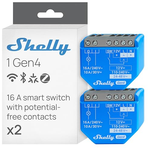 Shelly 1 Gen4 – Módulo interruptor inalámbrico Matter, Zigbee y Wi-Fi, 1 canal 16A, Contactos secos, Relé abrepuertas de garaje, Control por aplicación y voz Alexa, Google y Apple HomeKit - 2 Piezas