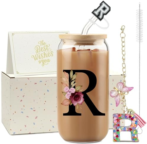 ZIOSINM Vaso con Pajita Letras A-Z, Regalos Originales para Mujer | 500ml Vaso Cristal con Pajita, Tapa y Llavero, Ideal Regalos de Cumpleaños para Mujer, Profesora, Madre, Mejore Amiga