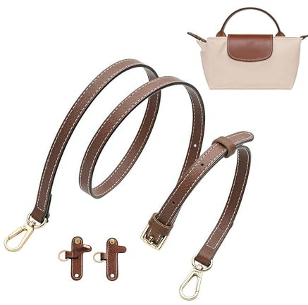 NIUDYP Rindsleder Schultergurt für long champ Mini Bag, No-Punch Ersatzriemen Längenverstellbar 90-125cm für Damen Mini Tasche (12mm, Braun & Gold)