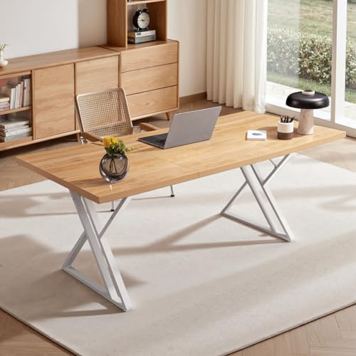 Younhomedge 70.9Inch Office Desk, Executive Office Desk，Modern Industrial Style, Z-Shaped Table Legs, Country Black Wood Grain Top, for Home Office, Study, Conference (Natural)