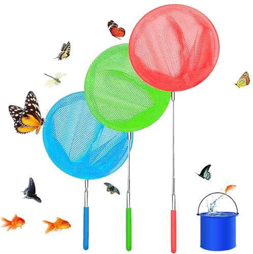 Solihigh 3 Pack Kids Fishing Net,Extendable Butterfly Net,3 Colours Outdoor Telescopic Catching Mesh Net for Catching Crabbing Bugs Insects Bird Playing Beach Ponds Pool