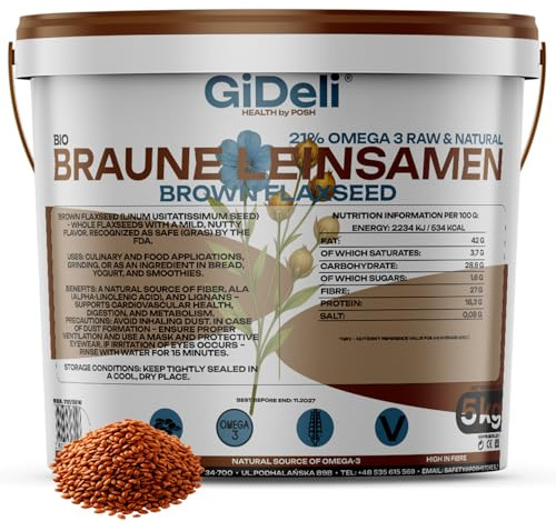 GiDeli Graines de Lin Brun 5kg – Riches en Protéines et Oméga-3 – Faibles en Sucre – Idéales pour Boulangerie et Pâtisserie – Saveur Douce Noisette – Pour Cuisine et Vegan – 100% Naturel