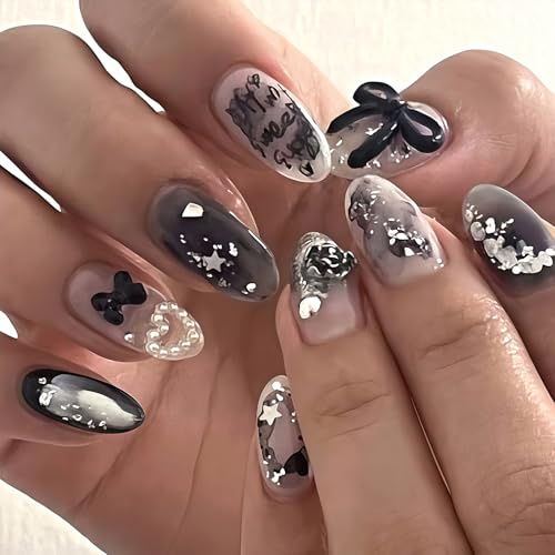 3D Handgemachte Künstliche Fingernägel - 24 Pcs Schwarz Farbverlauf Press on Nails Almond - Glossy Falsche Nägel mit 3D Perlen Schleifen und Glitter Stern - Kunstnägel Zum Aufkleben für Frauen Mädchen