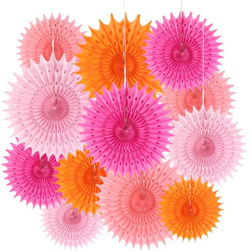 12PCS Orange and Hot Pink Paper Fans, Hanging Paper Flowers Decorations, Round Pattern Party Decorations, Wall Decor for Girl Groovy Birthday Baby Shower Wedding Graduation Events