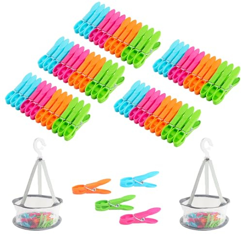 Funtery Lot de 60 pinces à linge avec panier, sacs à pinces à linge avec sac, pinces à linge sans trace, en plastique, sans empreintes, pour cordes à linge et vêtements