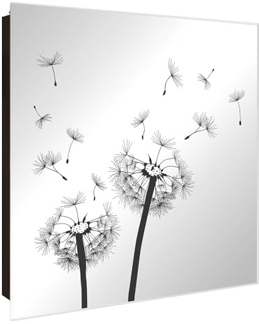 banjado Schlüsselkasten mit Spiegelfront - Schlüsselbox 30cm x 30cm mit 50 Haken - Korpus schwarz Scharnier rechts -Schlüsselkasten modern für Schlüsselaufbewahrung - Motiv Pusteblume 2