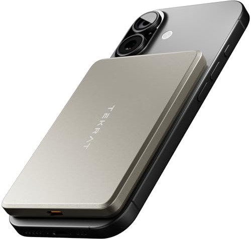 TEKRAT Slim Magnetic Power Bank for MagSafe, 5000mAh Aluminium, 20W PD | MagSafe-Compatible iPhones, 7.5W Wireless, Button-Free Auto Charging, Pass-Through Mode, 1m USB-C cable, 12-Month Warranty