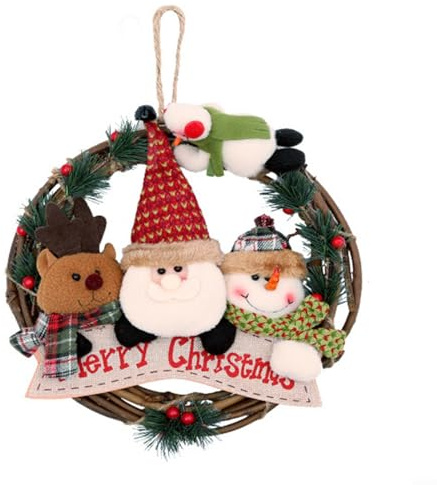 Ghirlanda natalizia in rattan, decorazione per porta d'ingresso, 29 cm, ghirlanda natalizia da appendere alla porta d'ingresso, con Babbo Natale, pupazzo di neve, renna, per interni ed esterni