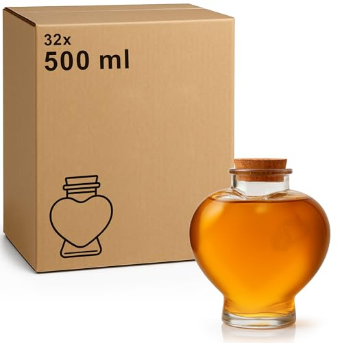 La Home by Chris Herzflasche Glas mit Korken - Deko-Flaschen für Hochzeit, Geschenk, Sandzeremonie & DIY - Glasherz zum Befüllen - Gastgeschenk Hochzeit Deko (32, 500ml)