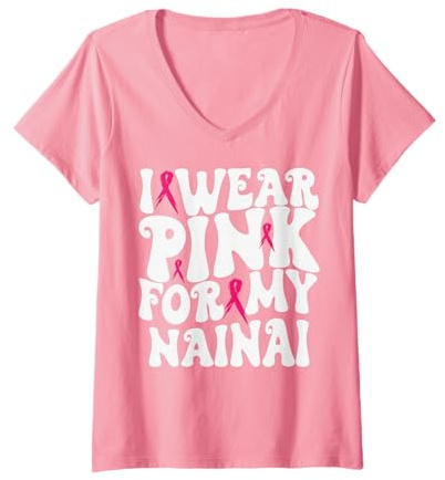 Femme Je Porte du Rose pour Mes Enfants de Nainai, Qui sont sensibilisés au Cancer du Sein T-Shirt avec Col en V