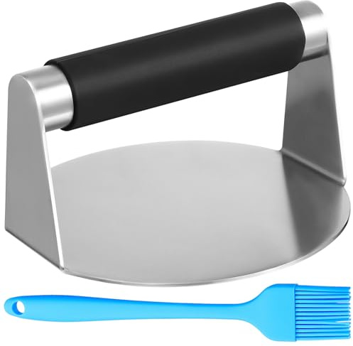 TOVINANNA Presse à Burger Acier Inoxydable avec Brosse Barbecue Silicone Presse Viande pour Steak Facile à Utiliser et Nettoyer Outil Léger pour Barbecue et Cuisine Couleur Aléatoire