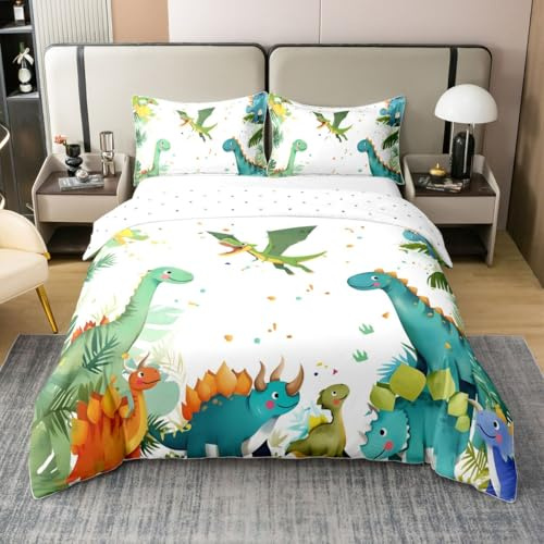 Loussiesd Dinosaurie bomull sängkläder set dubbel storlek mjuk för pojkar flickor, palmblad påslakan dino mikrofiber söt tecknat djur sovrum dekor 3 st