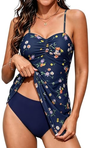 Rayson Costume da Bagno Donna 2 Pezzi Ruffle Push up Curvy Piega Tankini Donna Mare e Slip da Bagno Beachwear Controllo Pancia(Blu Navy Floreale,XL)