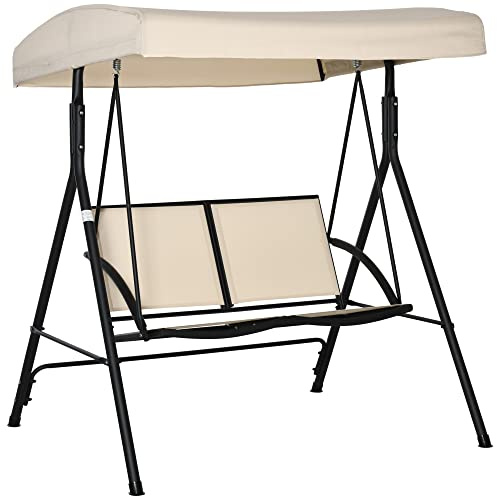 Outsunny Columpio de Jardín Exterior de 2 Plazas 140x118x162 cm Beige | Balancín de Jardín Exterior con Techo Ajustable, Marco de Acero, Asientos de Textilene, para Balcón Terraza, Carga 220 kg