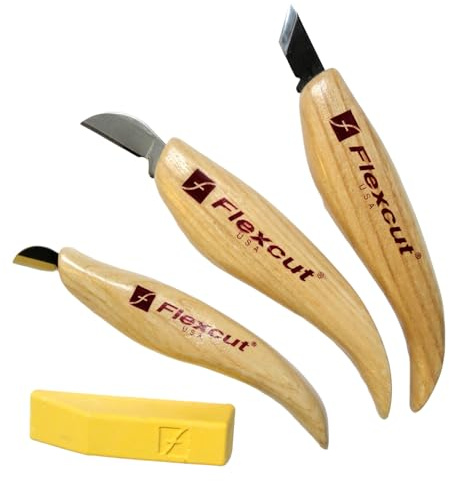 FLEXCUT KN115 - Chip Carving Set 3 Piece, Schnitzmesser, Holzgriff, Kerbschnitzmesser, Wood Carving, scharfes Messer für Holz Schnitzwerkzeug, Bastler, Mehrfarbig