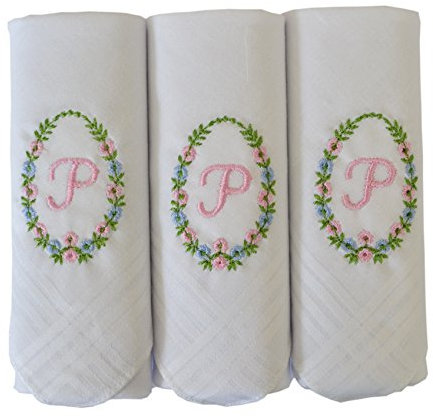 3er Pack Damen/Damen bestickt Initialen Taschentücher mit weißem Satin Rand, P